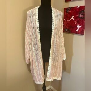 POL Pink and White Striped Lightweight Open Knit Sweater, Large